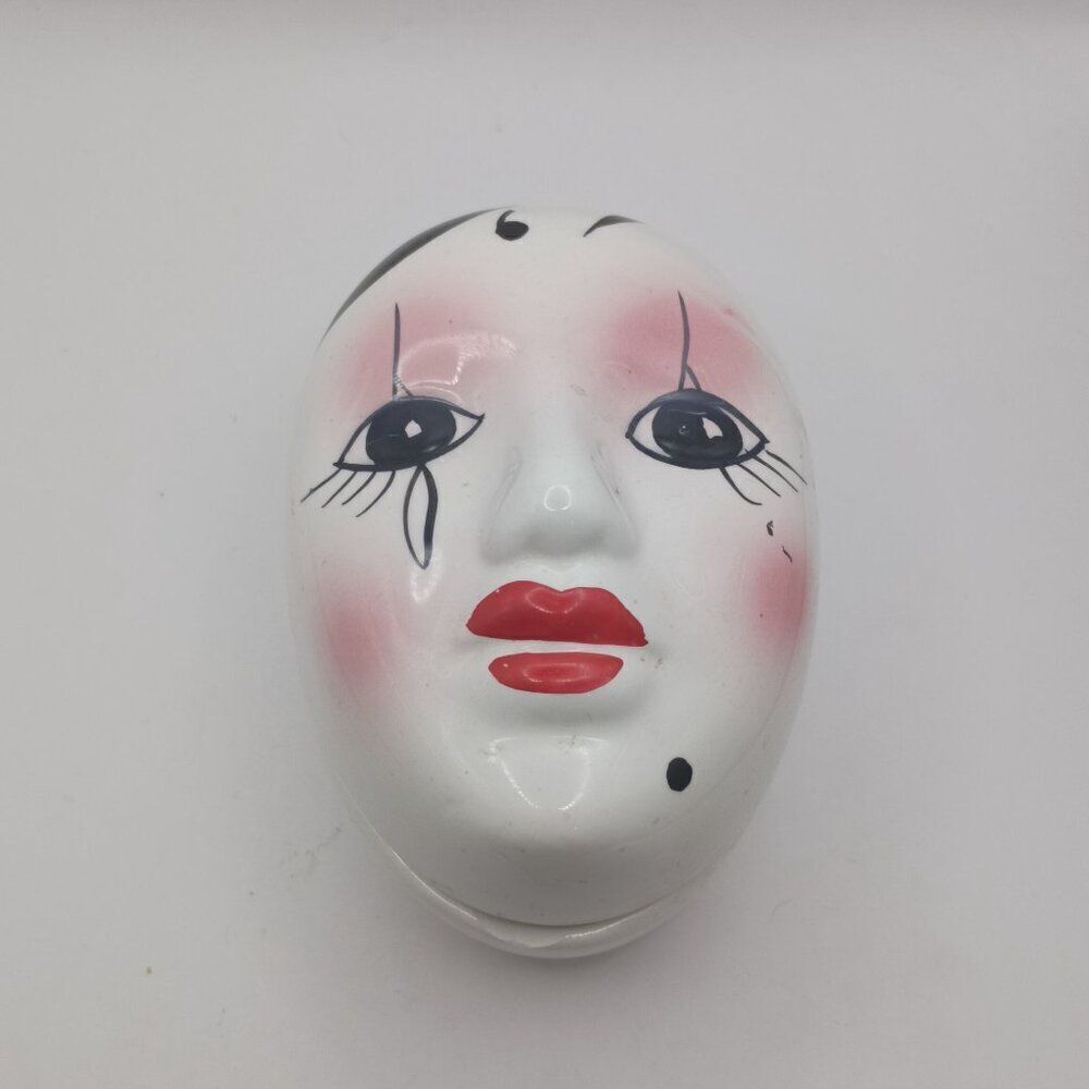 Harlequin Mask Hand Painted Lidded Trinket Box Taiwan 3.5" x 2.5" x 2.5" - READ